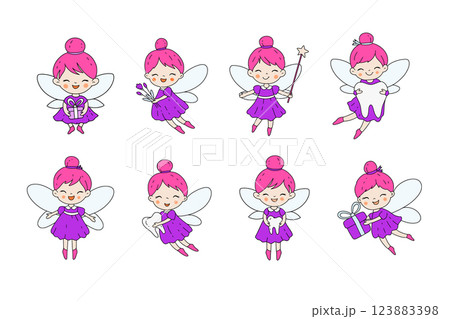 Adorable Tooth Fairy Clipart Set With Purple Dress And Pink Hair In Cute Vector Illustration Adorable Tooth Fairy Clipart Set With Purple Dress And Pink Hair In Cute Vector Illustration 123883398