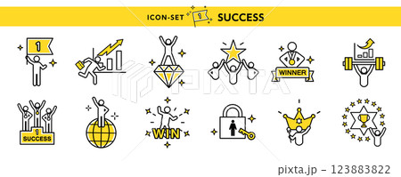 成功イメージのアイコン素材セット　ビジネスマンや学生など目標達成のピクトグラムのデザイン 123883822