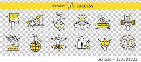 成功イメージのアイコン素材セット　ビジネスマンや学生など目標達成のピクトグラムのデザイン 123883822