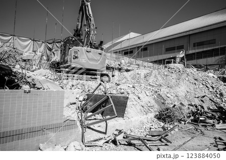 ビル解体工事現場 瓦礫の上で働く重機 a-7 モノクロ ビル解体工事現場 瓦礫の上で働く重機 a-7 モノクロ 123884050