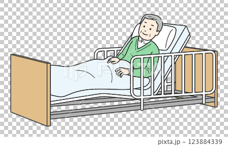 Illustration of an elderly man lying in bed and a nursing care bed 123884339
