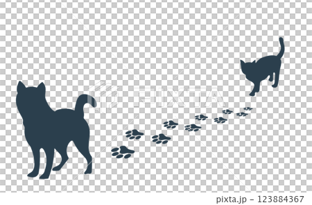 Silhouette of a dog and cat walking and leaving footprints Silhouette of a dog and cat walking and leaving footprints 123884367