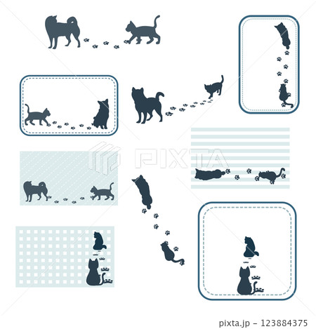 足跡をつけながら歩く犬と猫のシルエットセット 足跡をつけながら歩く犬と猫のシルエットセット 123884375