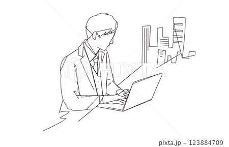 パソコンとビジネスマンのスタイリッシュな線画イラスト 123884709