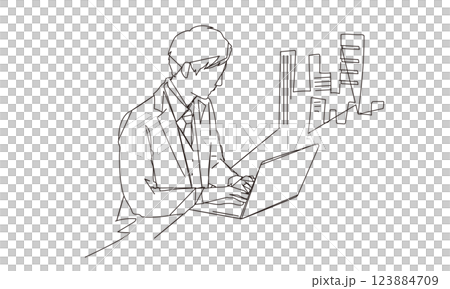 一位商人用筆記型電腦繪製的時尚線條插圖 123884709