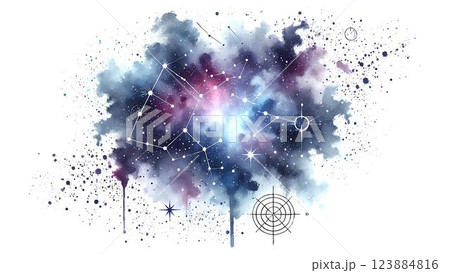 水彩で描いた星座が浮かぶ夜空のイラスト 123884816