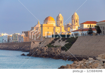 Cadiz Cathedral and Seafront at Sunrise, Spain Cadiz Cathedral and Seafront at Sunrise, Spain 123884846