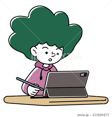 タブレット端末で集中して学習をする子供のベクターイラスト 123884877