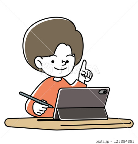 タブレット端末とタッチペンで学習をする笑顔の子供のベクターイラスト 123884883