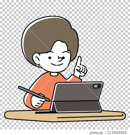 用平板裝置和觸控筆學習的微笑兒童的向量插圖 123884883