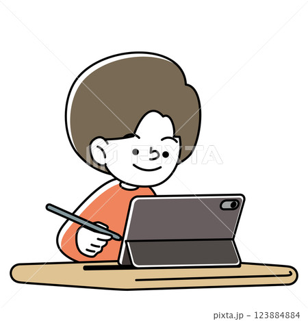 タブレット端末とタッチペンで学習をする笑顔の子供のベクターイラスト タブレット端末とタッチペンで学習をする笑顔の子供のベクターイラスト 123884884