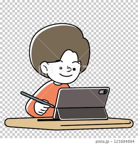 タブレット端末とタッチペンで学習をする笑顔の子供のベクターイラスト タブレット端末とタッチペンで学習をする笑顔の子供のベクターイラスト 123884884