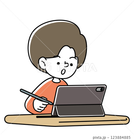タブレット端末で集中して学習をする子供のベクターイラスト 123884885