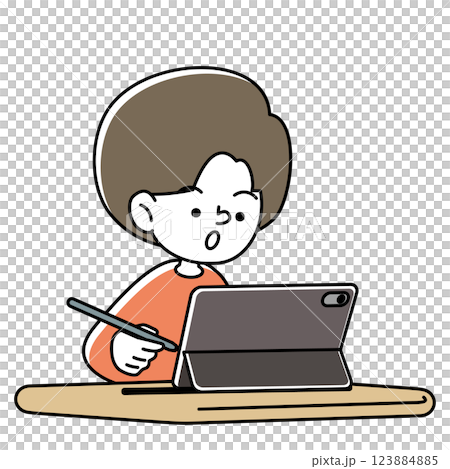タブレット端末で集中して学習をする子供のベクターイラスト 123884885