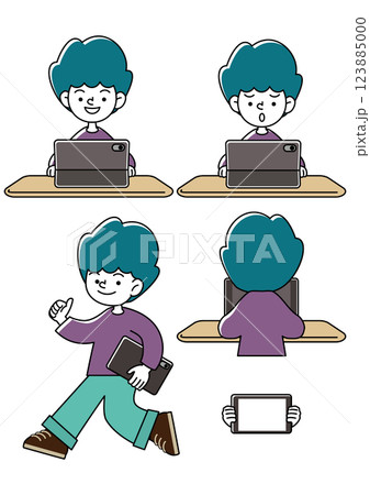 タブレット学習をするこどものいろいろな表情パターンのベクターイラストセット 123885000