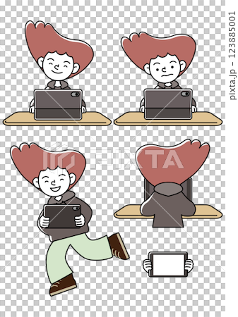タブレット学習をするこどものいろいろな表情パターンのベクターイラストセット 123885001