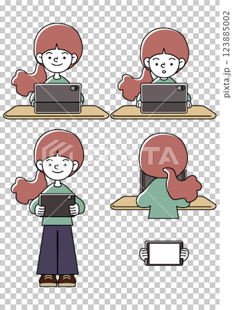 在平板電腦上學習的兒童各種面部表情模式的向量插圖集 123885002