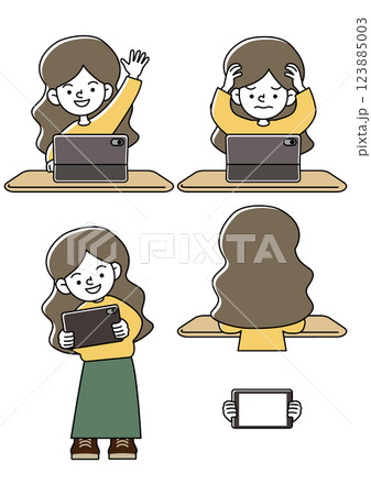 タブレット学習をするこどものいろいろな表情パターンのベクターイラストセット 123885003