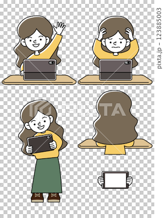 タブレット学習をするこどものいろいろな表情パターンのベクターイラストセット 123885003