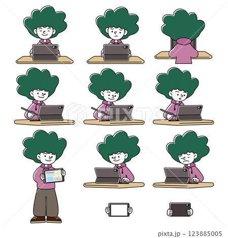 タブレット学習をするこどものいろいろな表情パターンのベクターイラストセット 123885005