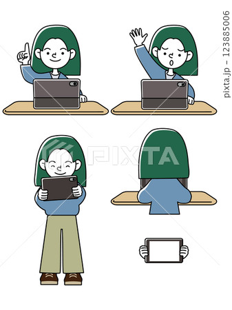 タブレット学習をするこどものいろいろな表情パターンのベクターイラストセット 123885006