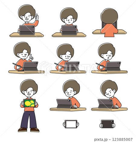 タブレット学習をするこどものいろいろな表情パターンのベクターイラストセット 123885007