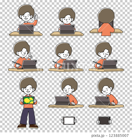 Vector illustration set of various facial expression patterns of children studying on a tablet 123885007