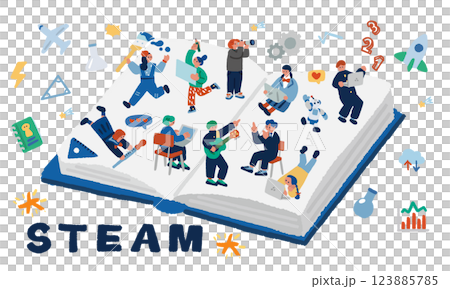 STEAM教育の文字と学生の未来教育をイメージするイラスト 123885785
