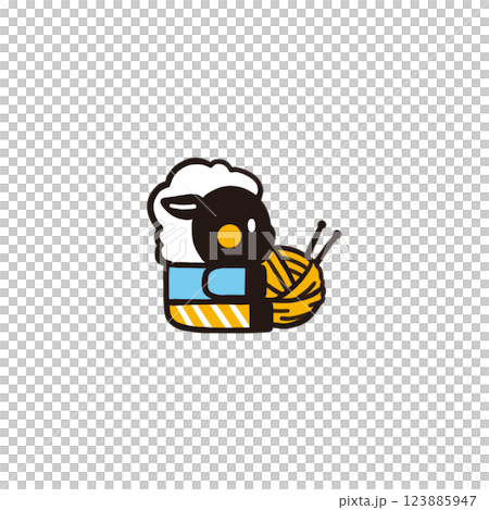 Color illustration of a sideways sheep holding a ball of yarn 123885947