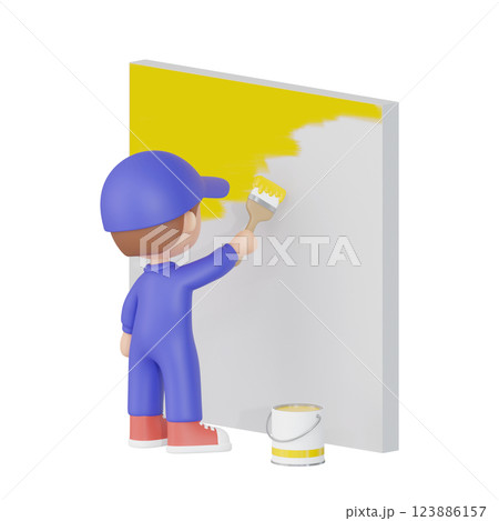 3DCG|壁を黄色いペンキで塗装する男性作業員 3DCG|壁を黄色いペンキで塗装する男性作業員 123886157