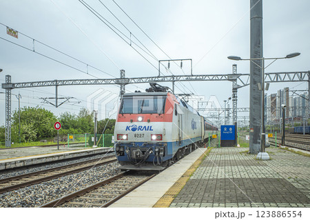 駅のホームに着くローカル列車 123886554