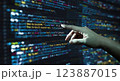 Human hand pointing at the abstract Modern tech of Programming code screen developer. C Programming Language of Computer script and Technology background of software. 123887015