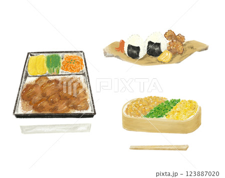おいしそうな弁当セット　ちょっとレトロなお弁当　唐揚げ　生姜焼き　焼肉弁当　おにぎり　そぼろ弁当 123887020