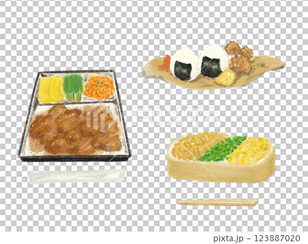 Delicious bento set, slightly retro bento, fried chicken, ginger pork, yakiniku bento, rice balls, minced meat bento 123887020
