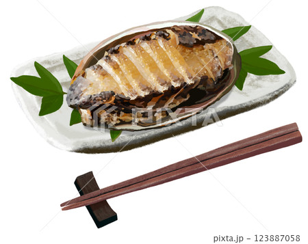 焼きアワビ（皿、箸付き） 123887058