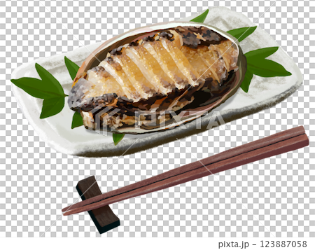 焼きアワビ（皿、箸付き） 123887058