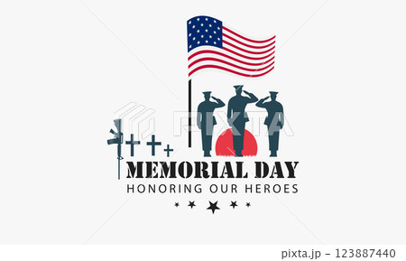 Memorial Day tribute with saluting soldiers, battlefield cross, and American flag 123887440