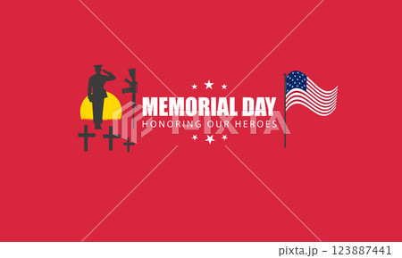 Memorial Day tribute with soldier saluting, battlefield cross, and American flag on red background Memorial Day tribute with soldier saluting, battlefield cross, and American flag on red background 123887441