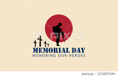 Memorial Day honoring our heroes with mourning soldier silhouette at military cemetery and red sun background 123887444