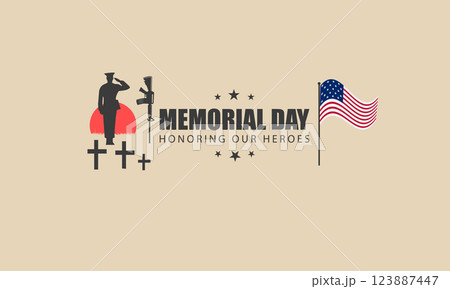 Memorial Day illustration featuring a saluting soldier beside military graves, a battlefield cross, and a waving American flag 123887447