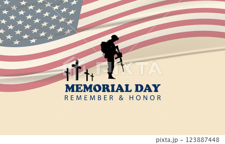 Memorial Day remember and honor with soldier silhouette mourning at military cemetery and waving American flag 123887448