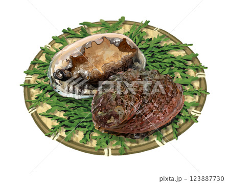 アワビ（ザル、檜の葉付き） 123887730