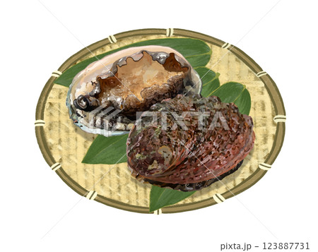 アワビ（ザル、笹の葉付き） 123887731