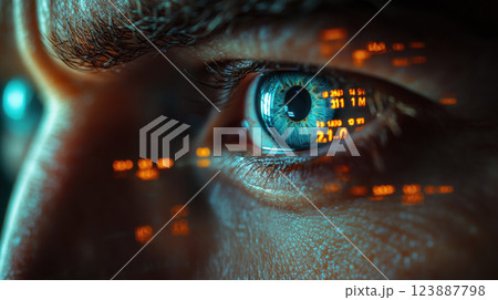 close up of person eye reflecting digital trading data, showcasing focus and concentration on option trading expiry. vibrant blue eye contrasts with glowing numbers 123887798