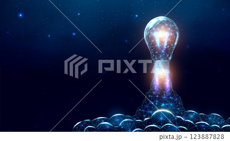 Bulb launch, wireframe polygonal style. Internet technology network, business startup concept with glowing low poly rocket. Futuristic modern abstract background. Vector illustration. 123887828