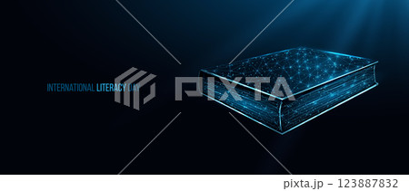 International Literacy Day concept. with glowing low poly book on dark blue background. Wireframe low poly design. Abstract futuristic vector illustration 123887832
