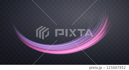 Glowing pink and purple lines. Dynamic neon realistic energy speed wave. Abstract curve twirl light effect on a dark background. Vector illustration. 123887852