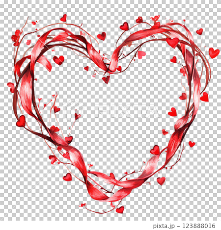 Intertwined red ribbons form a heart shape, accompanied by scattered small red hearts, set against a white background.  123888016