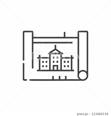 Architectural blueprint illustration showcasing the design of a classic building with intricate details and flat line style 123888139