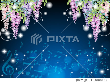 藤の花、背景、青、横、イラスト、かわいい、音楽 123888155